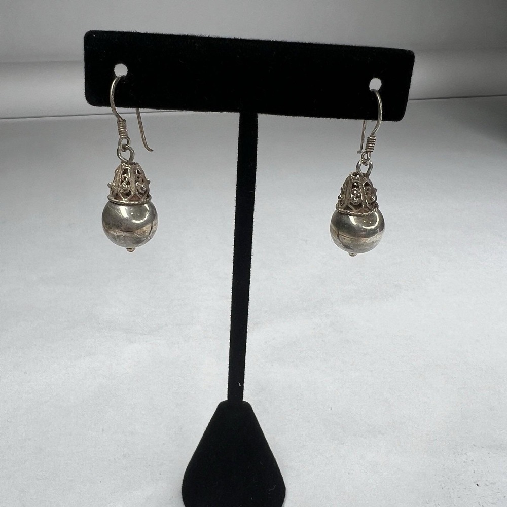 MC Vintage Sterling Silver‎ 925 Filigree Cone Bead Ball Dangle Earrings